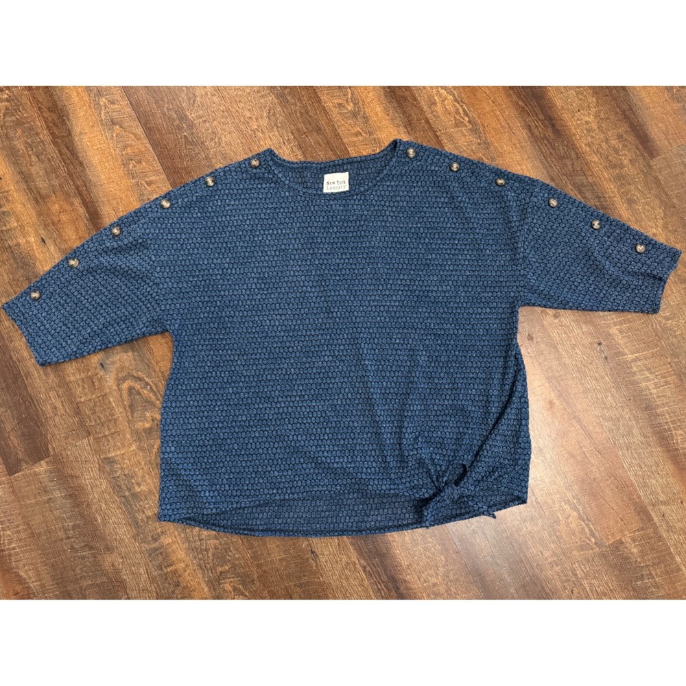 New York Laundry Women's 2X Blue Textured Tie Hem Top Button Sleeve Plus Size